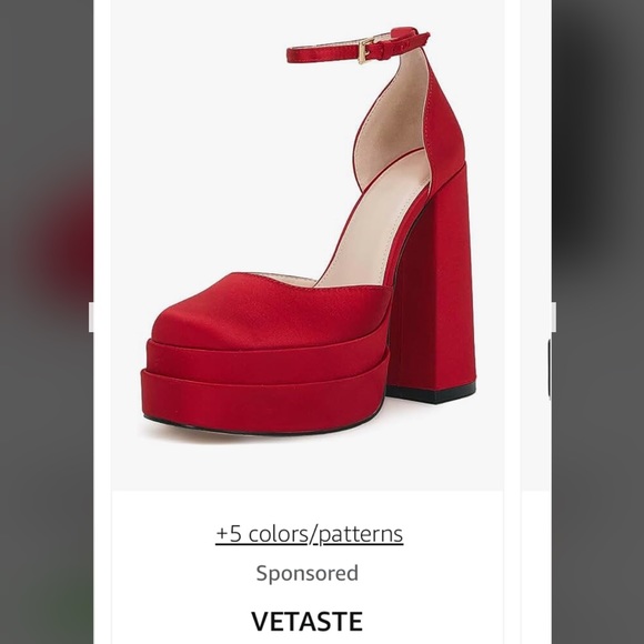 Satin red platform heel with ankle strap. - Picture 4 of 5